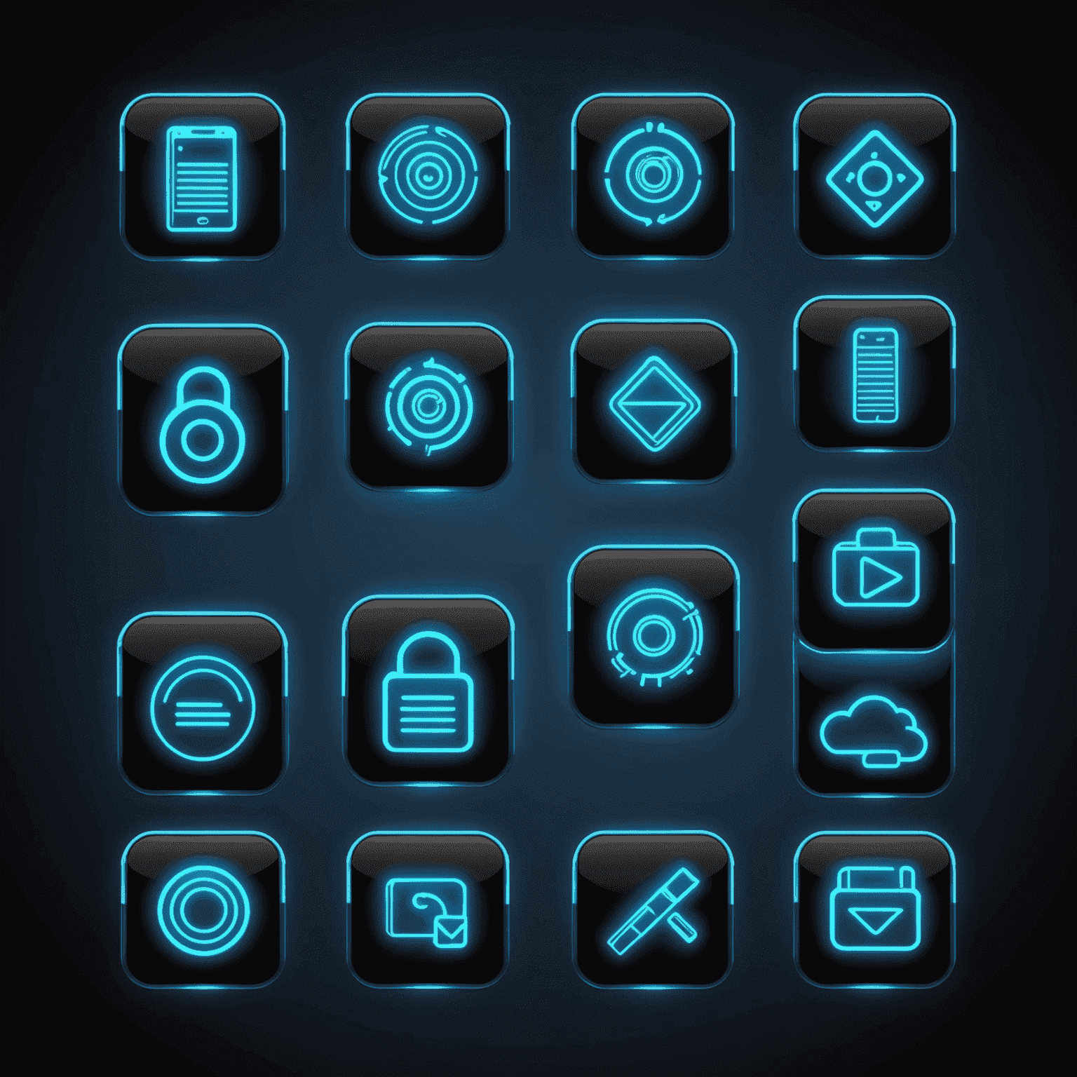 صورة لأيقونات تطبيقات متنوعة مرتبة بشكل جذاب مع تأثيرات نيون زرقاء